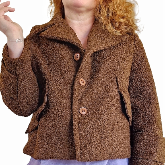 Chepe Italy Teddy Bear Bouckle Button Up Brown Minimalist Chic Jacket Sz M - Picture 1 of 12